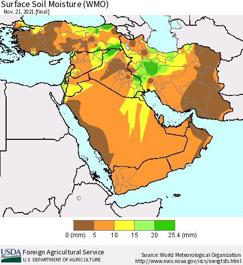 Middle East and Turkey Surface Soil Moisture (WMO) Thematic Map For 11/15/2021 - 11/21/2021