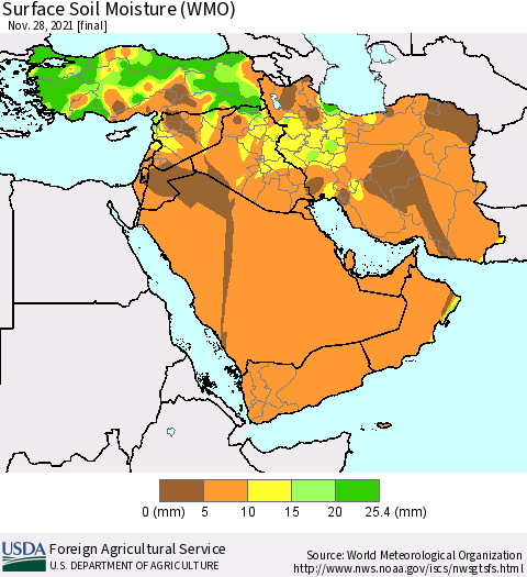 Middle East and Turkey Surface Soil Moisture (WMO) Thematic Map For 11/22/2021 - 11/28/2021