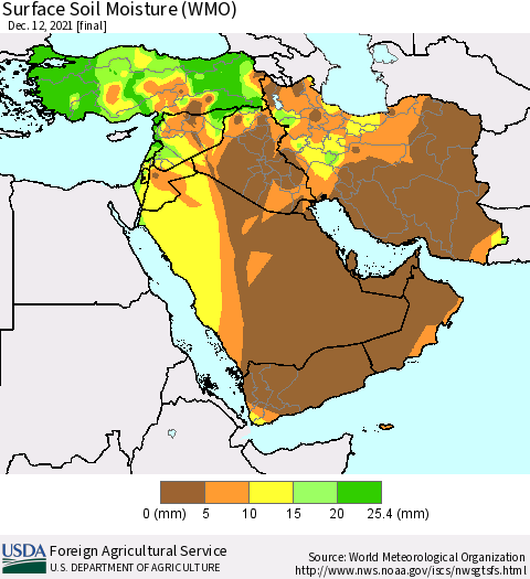Middle East and Turkey Surface Soil Moisture (WMO) Thematic Map For 12/6/2021 - 12/12/2021