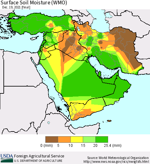 Middle East and Turkey Surface Soil Moisture (WMO) Thematic Map For 12/13/2021 - 12/19/2021