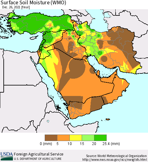 Middle East and Turkey Surface Soil Moisture (WMO) Thematic Map For 12/20/2021 - 12/26/2021