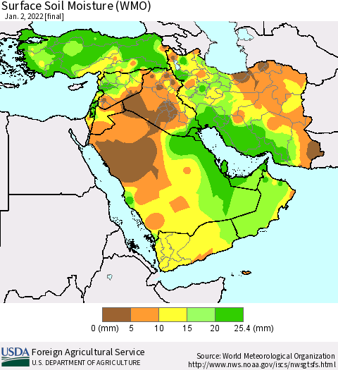 Middle East and Turkey Surface Soil Moisture (WMO) Thematic Map For 12/27/2021 - 1/2/2022
