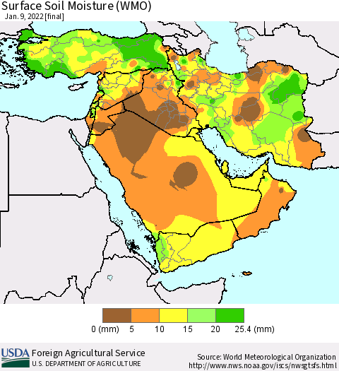 Middle East and Turkey Surface Soil Moisture (WMO) Thematic Map For 1/3/2022 - 1/9/2022