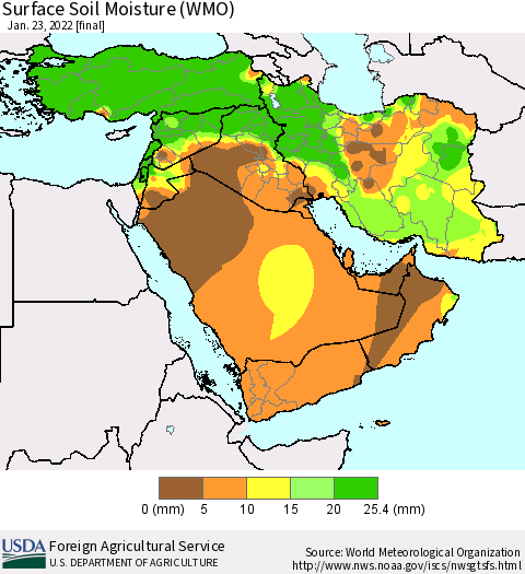 Middle East and Turkey Surface Soil Moisture (WMO) Thematic Map For 1/17/2022 - 1/23/2022