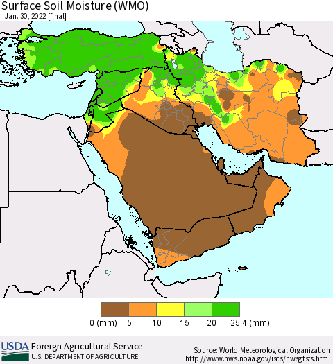 Middle East and Turkey Surface Soil Moisture (WMO) Thematic Map For 1/24/2022 - 1/30/2022