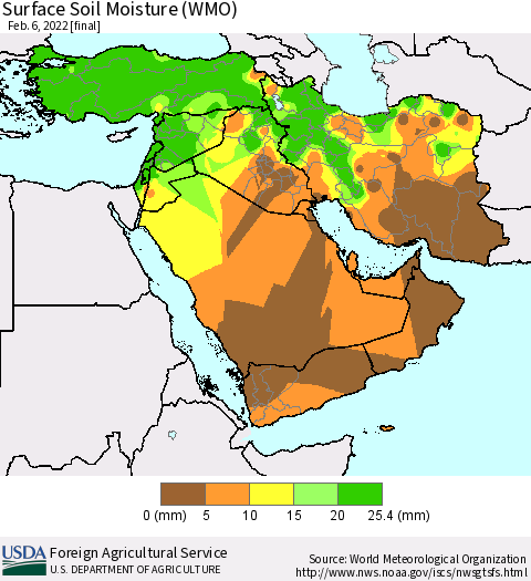 Middle East and Turkey Surface Soil Moisture (WMO) Thematic Map For 1/31/2022 - 2/6/2022