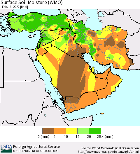 Middle East and Turkey Surface Soil Moisture (WMO) Thematic Map For 2/7/2022 - 2/13/2022