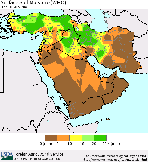 Middle East and Turkey Surface Soil Moisture (WMO) Thematic Map For 2/14/2022 - 2/20/2022