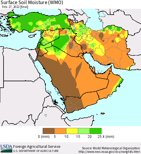Middle East and Turkey Surface Soil Moisture (WMO) Thematic Map For 2/21/2022 - 2/27/2022