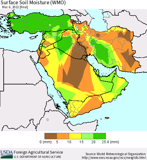 Middle East and Turkey Surface Soil Moisture (WMO) Thematic Map For 2/28/2022 - 3/6/2022