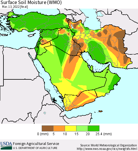 Middle East and Turkey Surface Soil Moisture (WMO) Thematic Map For 3/7/2022 - 3/13/2022