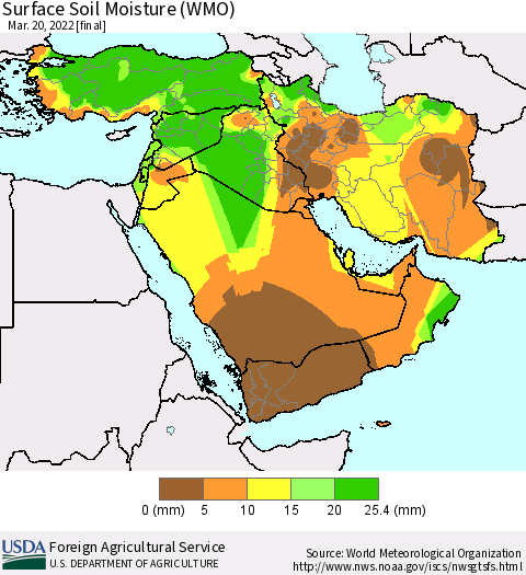 Middle East and Turkey Surface Soil Moisture (WMO) Thematic Map For 3/14/2022 - 3/20/2022