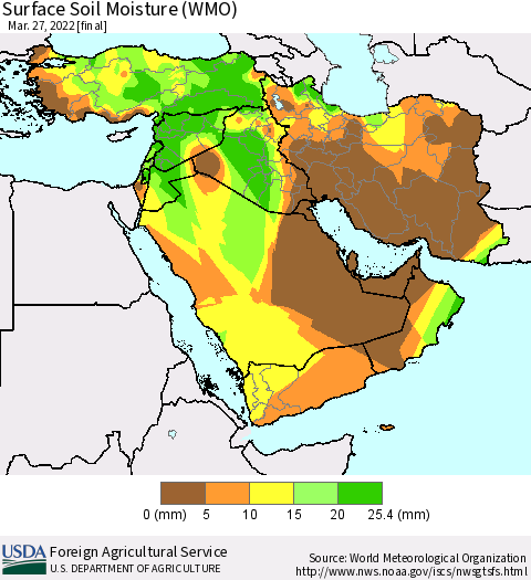 Middle East and Turkey Surface Soil Moisture (WMO) Thematic Map For 3/21/2022 - 3/27/2022