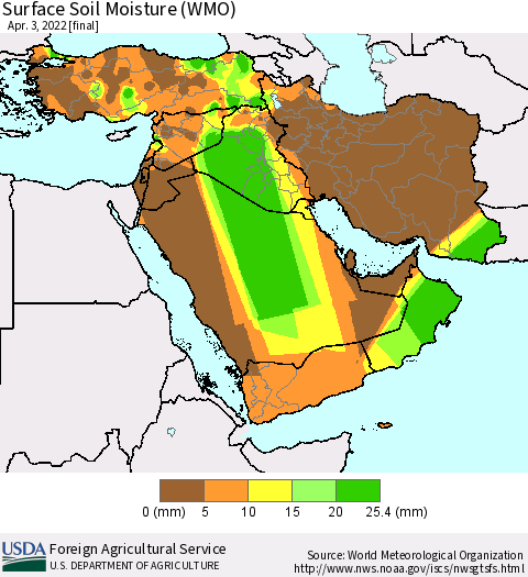 Middle East and Turkey Surface Soil Moisture (WMO) Thematic Map For 3/28/2022 - 4/3/2022