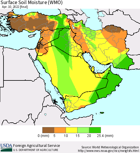 Middle East and Turkey Surface Soil Moisture (WMO) Thematic Map For 4/4/2022 - 4/10/2022