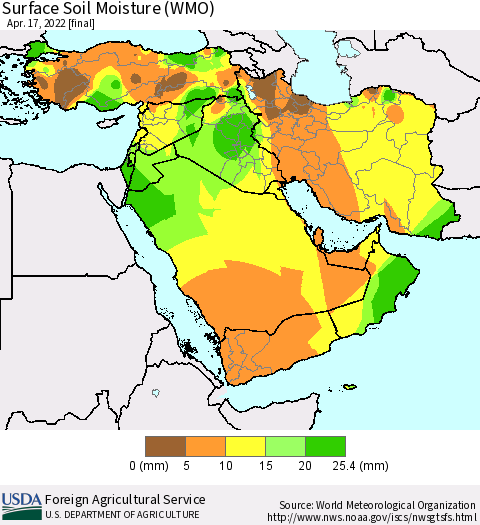 Middle East and Turkey Surface Soil Moisture (WMO) Thematic Map For 4/11/2022 - 4/17/2022