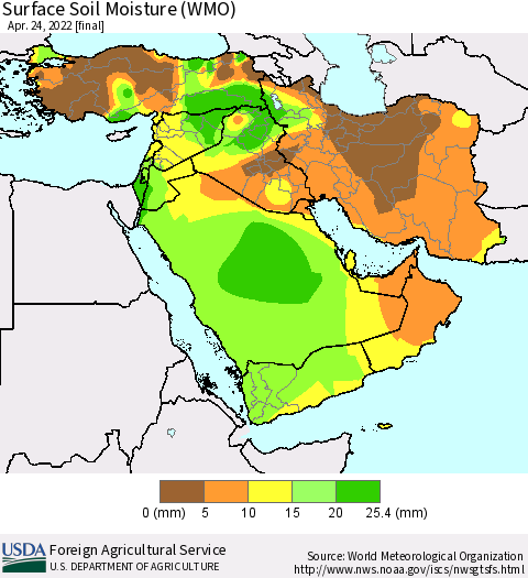 Middle East and Turkey Surface Soil Moisture (WMO) Thematic Map For 4/18/2022 - 4/24/2022