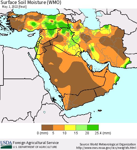 Middle East and Turkey Surface Soil Moisture (WMO) Thematic Map For 4/25/2022 - 5/1/2022