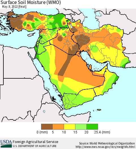 Middle East and Turkey Surface Soil Moisture (WMO) Thematic Map For 5/2/2022 - 5/8/2022