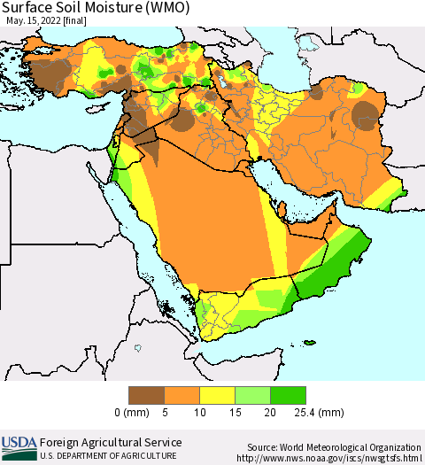Middle East and Turkey Surface Soil Moisture (WMO) Thematic Map For 5/9/2022 - 5/15/2022