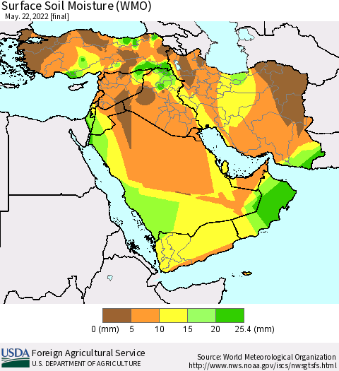 Middle East and Turkey Surface Soil Moisture (WMO) Thematic Map For 5/16/2022 - 5/22/2022