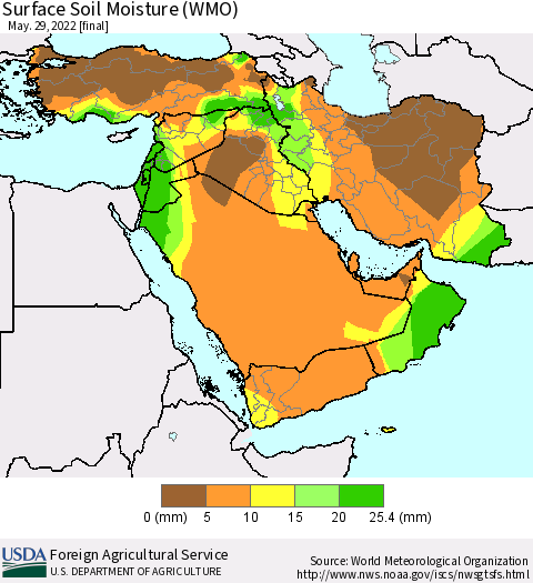 Middle East and Turkey Surface Soil Moisture (WMO) Thematic Map For 5/23/2022 - 5/29/2022