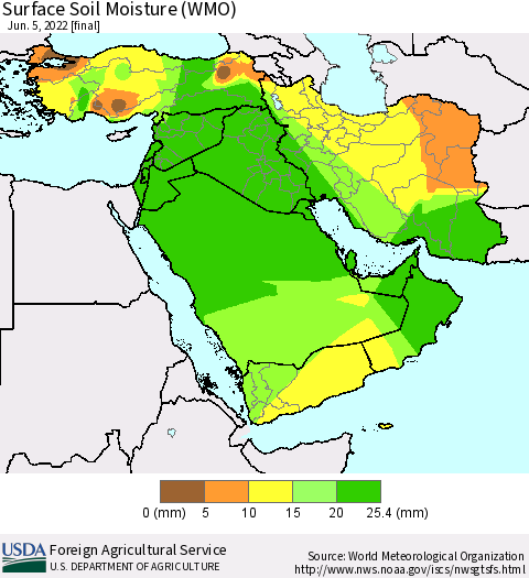 Middle East and Turkey Surface Soil Moisture (WMO) Thematic Map For 5/30/2022 - 6/5/2022