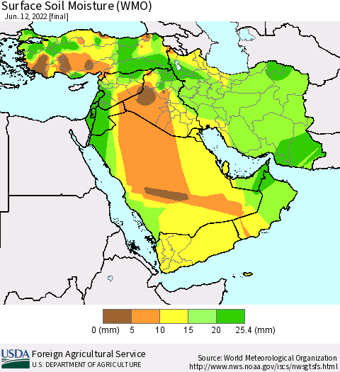 Middle East and Turkey Surface Soil Moisture (WMO) Thematic Map For 6/6/2022 - 6/12/2022