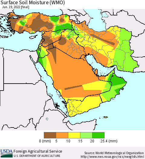 Middle East and Turkey Surface Soil Moisture (WMO) Thematic Map For 6/13/2022 - 6/19/2022