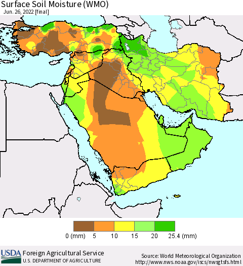 Middle East and Turkey Surface Soil Moisture (WMO) Thematic Map For 6/20/2022 - 6/26/2022