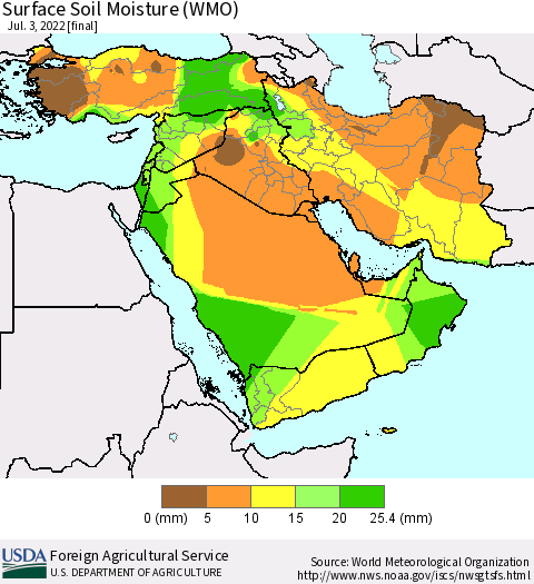 Middle East and Turkey Surface Soil Moisture (WMO) Thematic Map For 6/27/2022 - 7/3/2022