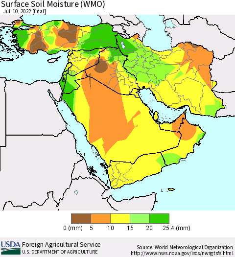 Middle East and Turkey Surface Soil Moisture (WMO) Thematic Map For 7/4/2022 - 7/10/2022