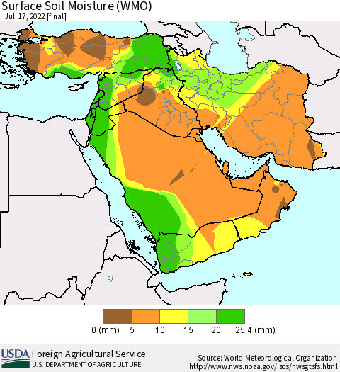Middle East and Turkey Surface Soil Moisture (WMO) Thematic Map For 7/11/2022 - 7/17/2022