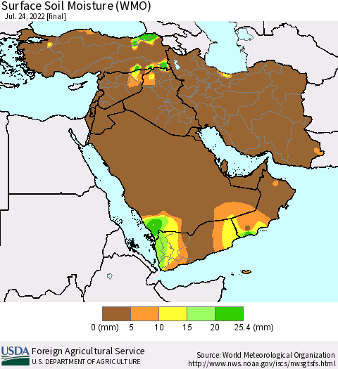 Middle East and Turkey Surface Soil Moisture (WMO) Thematic Map For 7/18/2022 - 7/24/2022