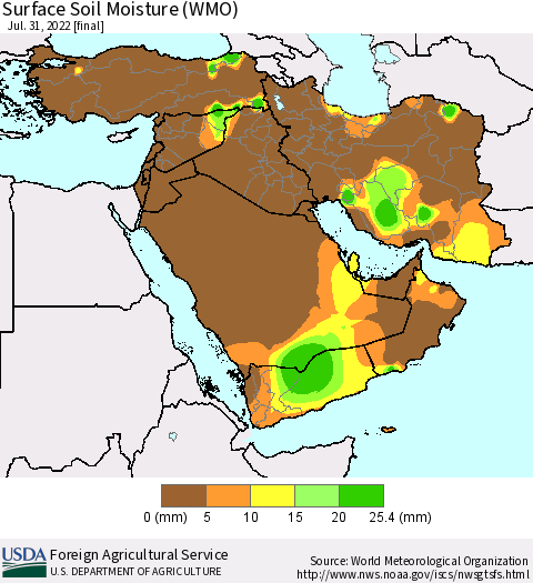 Middle East and Turkey Surface Soil Moisture (WMO) Thematic Map For 7/25/2022 - 7/31/2022
