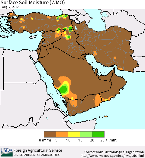 Middle East and Turkey Surface Soil Moisture (WMO) Thematic Map For 8/1/2022 - 8/7/2022