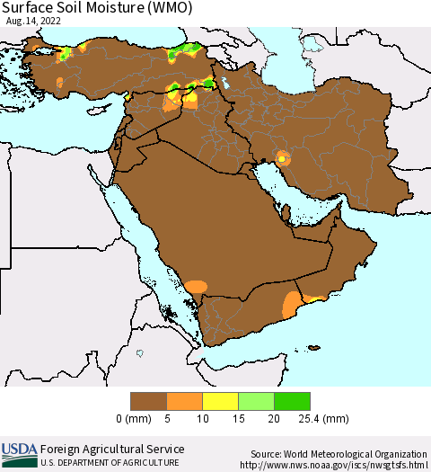 Middle East and Turkey Surface Soil Moisture (WMO) Thematic Map For 8/8/2022 - 8/14/2022