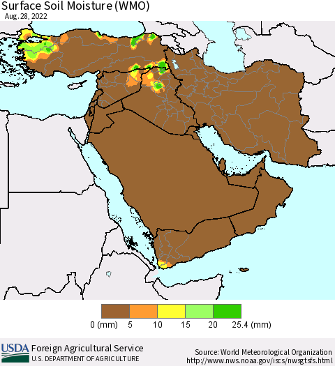 Middle East and Turkey Surface Soil Moisture (WMO) Thematic Map For 8/22/2022 - 8/28/2022