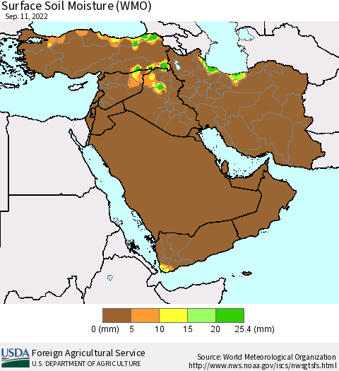 Middle East and Turkey Surface Soil Moisture (WMO) Thematic Map For 9/5/2022 - 9/11/2022