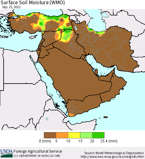 Middle East and Turkey Surface Soil Moisture (WMO) Thematic Map For 9/19/2022 - 9/25/2022