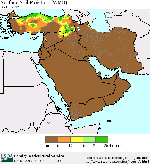 Middle East and Turkey Surface Soil Moisture (WMO) Thematic Map For 10/3/2022 - 10/9/2022