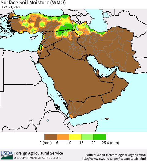 Middle East and Turkey Surface Soil Moisture (WMO) Thematic Map For 10/17/2022 - 10/23/2022