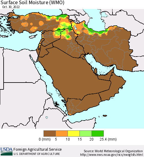 Middle East and Turkey Surface Soil Moisture (WMO) Thematic Map For 10/24/2022 - 10/30/2022