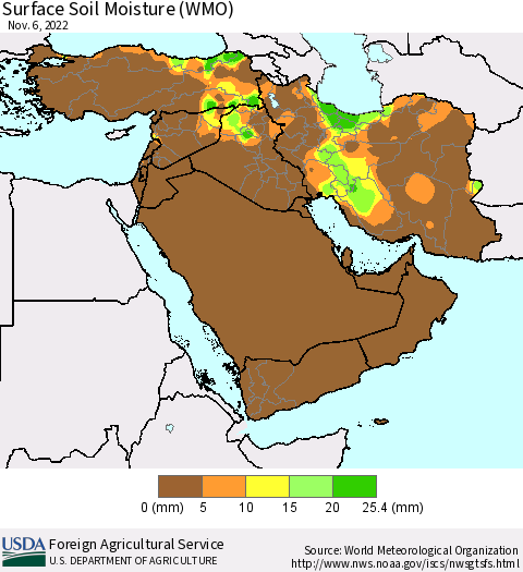 Middle East and Turkey Surface Soil Moisture (WMO) Thematic Map For 10/31/2022 - 11/6/2022