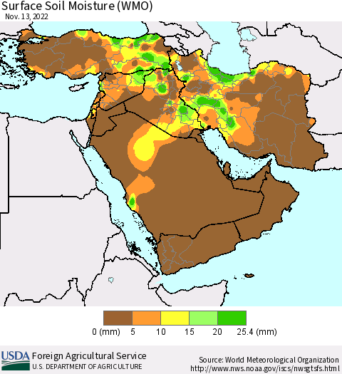 Middle East and Turkey Surface Soil Moisture (WMO) Thematic Map For 11/7/2022 - 11/13/2022