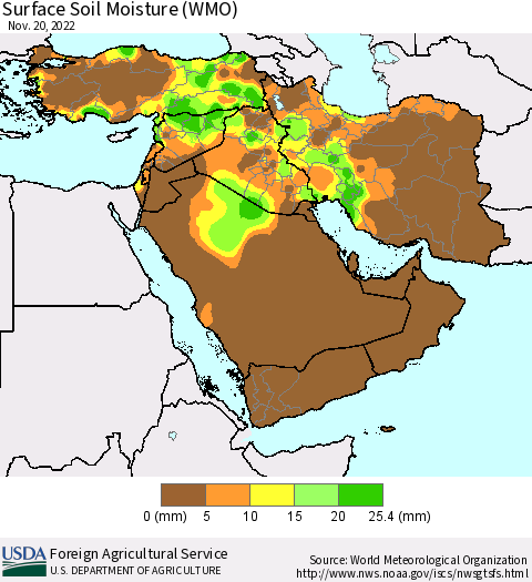 Middle East and Turkey Surface Soil Moisture (WMO) Thematic Map For 11/14/2022 - 11/20/2022