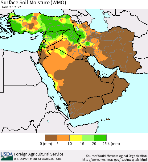 Middle East and Turkey Surface Soil Moisture (WMO) Thematic Map For 11/21/2022 - 11/27/2022