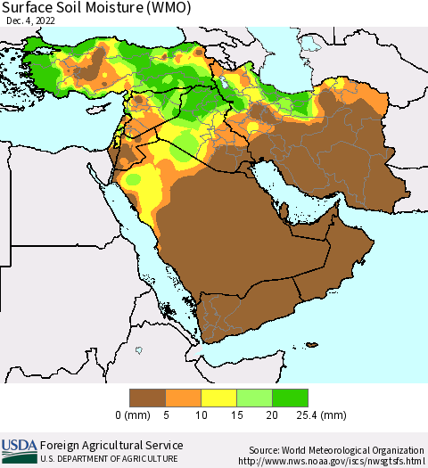 Middle East and Turkey Surface Soil Moisture (WMO) Thematic Map For 11/28/2022 - 12/4/2022