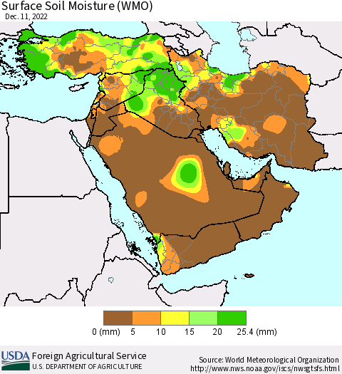 Middle East and Turkey Surface Soil Moisture (WMO) Thematic Map For 12/5/2022 - 12/11/2022