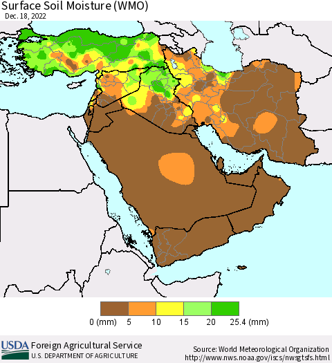 Middle East and Turkey Surface Soil Moisture (WMO) Thematic Map For 12/12/2022 - 12/18/2022